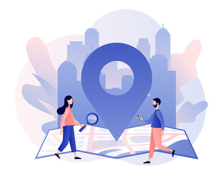 GPS navigation concept. Tiny people search on location. Online map. We have moved. City landscape background. Modern flat cartoon style. Vector illustration
