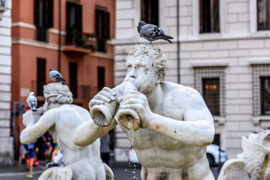 Fontana del Moro (Moor Fountain) on Piazza Navona, Rome, Italy. Architecture and landmark of Rome. Postcard of Rome.