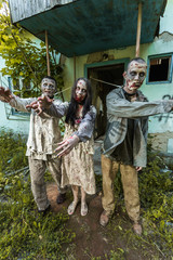 Fototapeta na wymiar Attack zombies, zombies tied on the porch