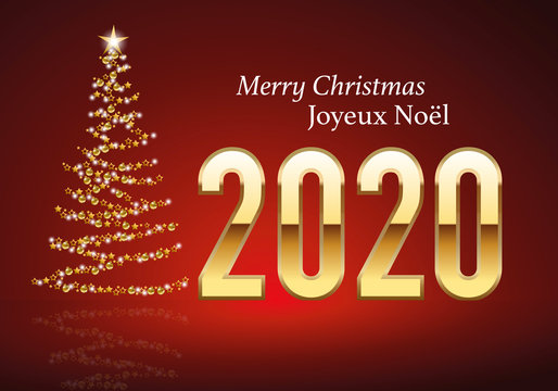 Carte de vœux 2020 au design classique sur fond rouge, avec le traditionnelle sapin de noël, fait avec une guirlande dorée pour souhaiter un joyeux noël.