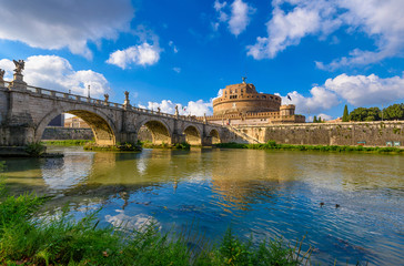 Castle Sant Angelo (Mausoleum of Hadrian), bridge Sant Angelo and river Tiber in Roma, Italy....