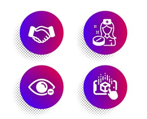 Nurse, Handshake and Myopia icons simple set. Halftone dots button. Augmented reality sign. Medicine pill, Deal hand, Eye vision. Phone simulation. People set. Classic flat nurse icon. Vector