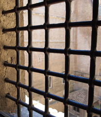 Metal protective grille on the window. 