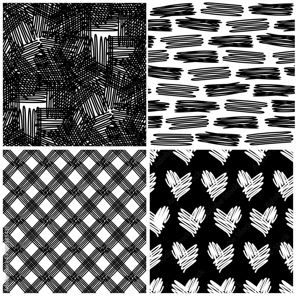 Poster doodle grunge line hatch cross heart shaped elements monochrome vector seamless pattern set