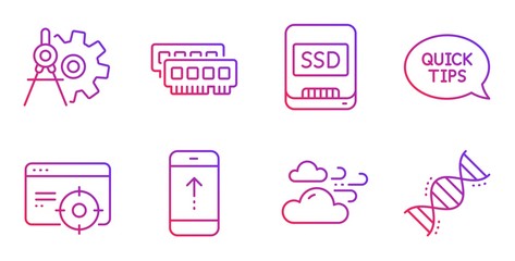 Quickstart guide, Ram and Windy weather line icons set. Seo targeting, Cogwheel dividers and Ssd signs. Swipe up, Chemistry dna symbols. Helpful tricks, Random-access memory. Science set. Vector