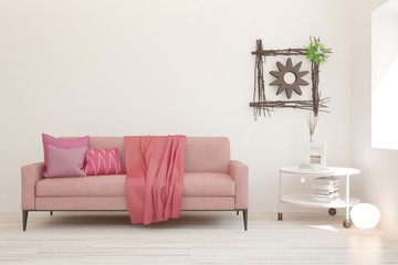 Obraz premium Stylish room in white color with pink sofa. Scandinavian interior design. 3D illustration
