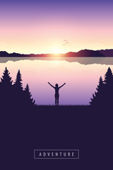Fototapeta premium adventure at sunrise by the lake happy girl with raised arms vector illustration EPS10