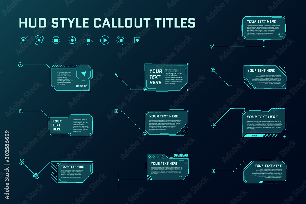 Poster hud futuristic style callout titles. information call box bars and modern digital info frame layout 