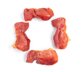 Tasty fried bacon on white background
