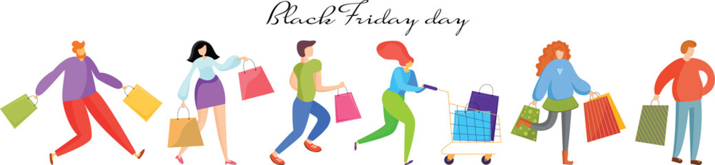 People on shopping. Black Friday. People rush shopping. Vector illustration flat people.