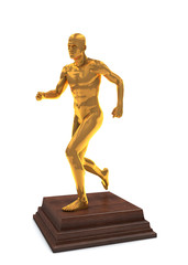 Isolated golden prize reward statuette of running man on wooden podium. 3d render