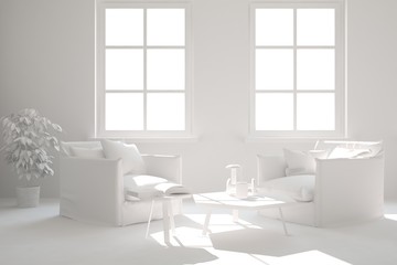 Mock up of stylish room in white color with armchair. Scandinavian interior design. 3D illustration