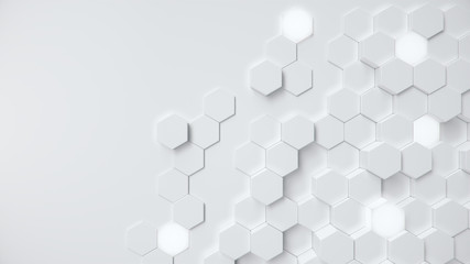 Fototapeta White geometric hexagonal abstract background. Surface polygon pattern with glowing hexagons, hexagonal honeycomb. Abstract white self-luminous hexagons. Futuristic abstract background 3D Illustration obraz
