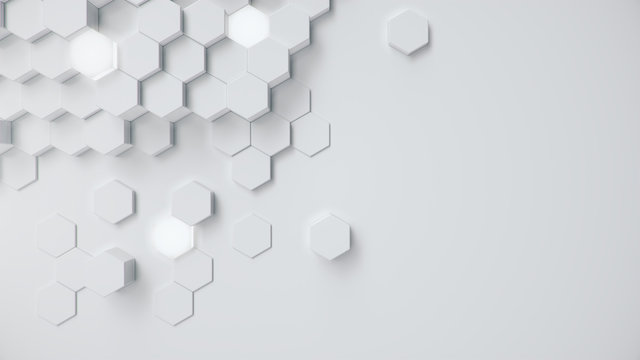 Fototapeta White geometric hexagonal abstract background. Surface polygon pattern with glowing hexagons, hexagonal honeycomb. Abstract white self-luminous hexagons. Futuristic abstract background 3D Illustration