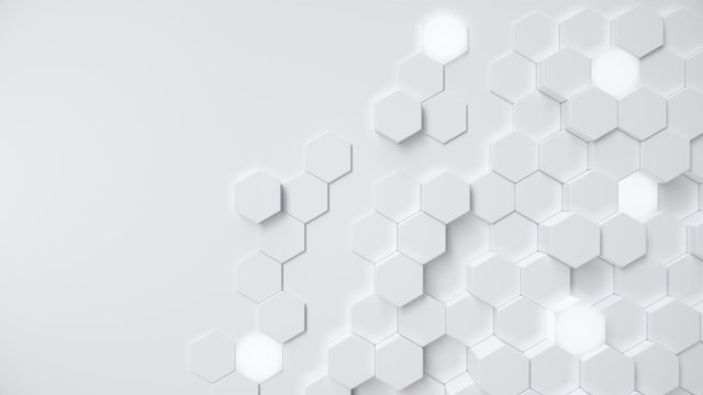 White geometric hexagonal abstract background. Surface polygon pattern with glowing hexagons, hexagonal honeycomb. Abstract white self-luminous hexagons. Futuristic abstract background 3D Illustration