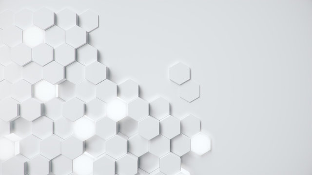 White geometric hexagonal abstract background. Surface polygon pattern with glowing hexagons, hexagonal honeycomb. Abstract white self-luminous hexagons. Futuristic abstract background 3D Illustration © rost9