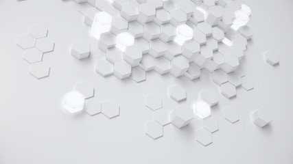 White geometric hexagonal abstract background. Surface polygon pattern with glowing hexagons, hexagonal honeycomb. Abstract white self-luminous hexagons. Futuristic abstract background 3D Illustration - obrazy, fototapety, plakaty