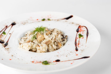 risotto with seafood on a white background