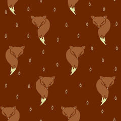 Seamless vector pattern with foxes. Animal wallpaper design on brown. Footprint texture.