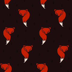 Fototapeta na wymiar Seamless vector pattern with foxes on dark purple background. Animal wallpaper design. 