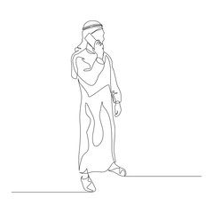 Continuous one line man in arabic clothes talking on smartphone. Vector stock illustration.