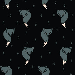 Seamless vector pattern with gray foxes on black background. Simple animal wallpaper design. Footprint texture.
