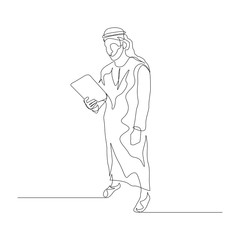Continuous one line man in arabic clothes use tablet. Vector stock illustration.