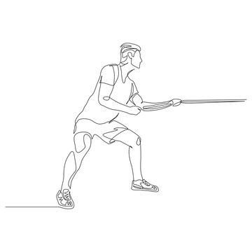 Continuous one line man pulls a rope. Tug of war. Vector stock illustration.