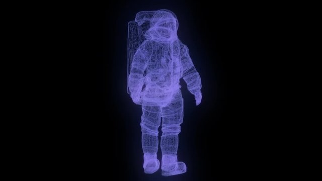 Wireframe Hologram of astronaut rotating. 3D animation of space shuttle on a black background. Seamless loop.