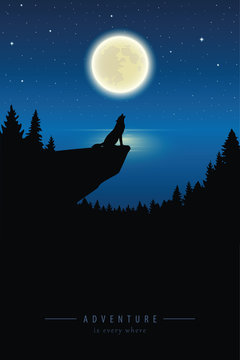 wolf howls to the full moon in a starry night by lake vector illustration EPS10