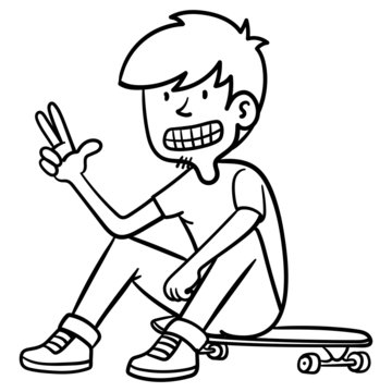 Boy sits on the skateboard, laughs and holds up three fingers. count, pay, skateboard.