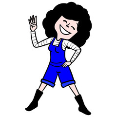 Girl with black curly hair, laughs and holds up four fingers in the air. greet, wave, learn to count.