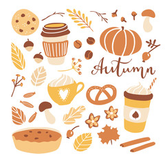 Big set of vector clip art Autumn. Fall season illustration in flat style. Hand drawn leaves, coffee cups, pumpkin, cookies and spices. Collection of cute simple elements.