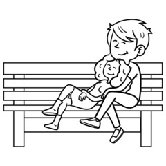 monochrome outline illustration of a loving couple sitting on a park bench cuddling happily. curly hair, black, white, love, valentay.