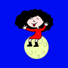 little girl in a red dress sits on the moon and sticks out her tongue. blue, comic, illustration, mischievous.