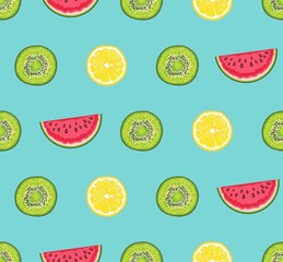 kiwi lemon watermelon slice vector seamless pattern