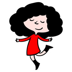Vector drawing of a little girl with black curly hair and red dress dancing with eyes closed. hands, legs, sweet.