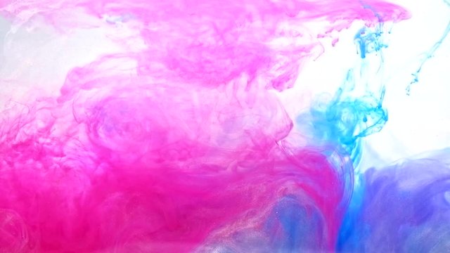 Dye mix motion. Enchanted air. Magenta pink blue glitter flowing steam on white background for title.