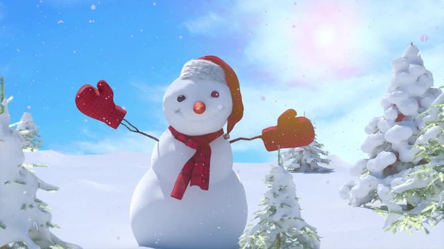 Christmas winter background with snowman and snow.  Merry christmas and   happy new year with copy-space 3D render cartoon animation