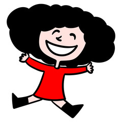 little girl with red dress is happy and jumps with arms outspread. colorful, outline, comic, vector, black curls.