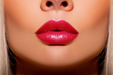 Sexy lips, Make up. Close up beautiful photo Lips. Beauty Fashion woman lips with Luxury Makeup. shine lipstick. Closeup mouth red Colors lacquered lipstick 