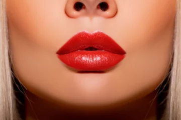 Fotobehang Sexy lips, Make up. Close up beautiful photo Lips. Beauty Fashion woman lips with Luxury Makeup. shine lipstick. Closeup mouth red Colors lacquered lipstick      © Julia