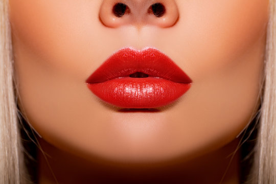 Sexy lips, Make up. Close up beautiful photo Lips. Beauty Fashion woman lips with Luxury Makeup. shine lipstick. Closeup mouth red Colors lacquered lipstick     