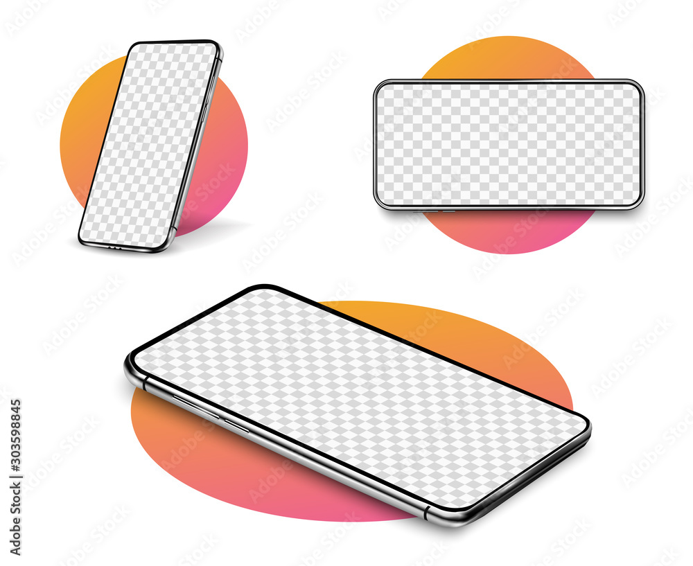 Poster smartphone mockup. realistic cellphone with blank white screen, modern mobile phone in different ang