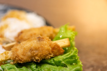 Close-up, Fried Shrimp with Sugar Cane with rice noodle, Vietnam food.
