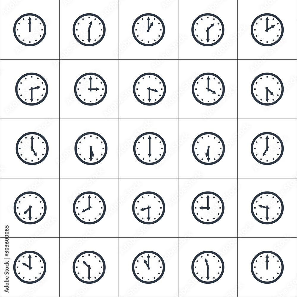 Aufkleber set of round clocks showing various time with 30 minutes difference. world clock, time zone. stock v
