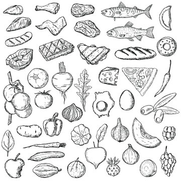 Set of food. Vector cartoon illustrations. Isolated objects on a white background. Hand-drawn style. 