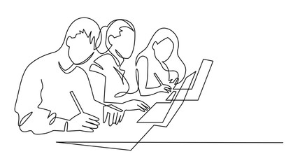 Group of people working continuous one line vector drawing. Students preparing to exams