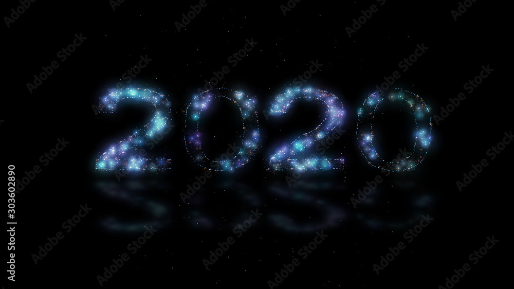 Poster 3d rendering 3d ice blue happy new year 2020 dust particle background and reflection, for merry chri