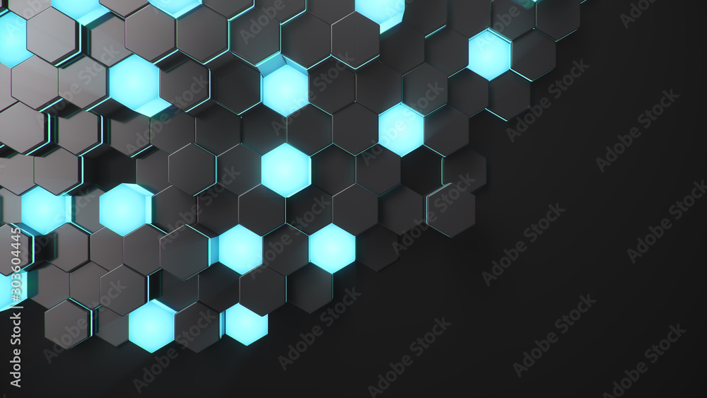 Aufkleber black geometric hexagonal abstract background. surface polygon pattern with blue glowing hexagons, h
